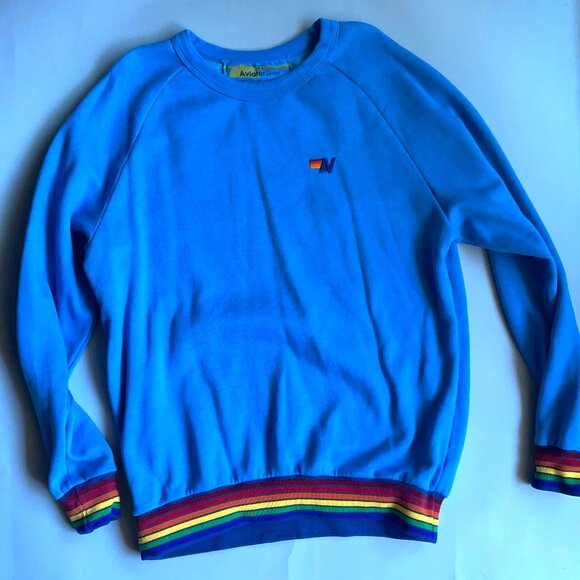 Aviator Nation Rainbow Rib Crew Sweatshirt - Ocean - Size XL - Picture 1 of 6